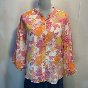 #0238 Fate-Pink & Orange Blouse Vibrant Top Front Buttons Puff Sleeves-S